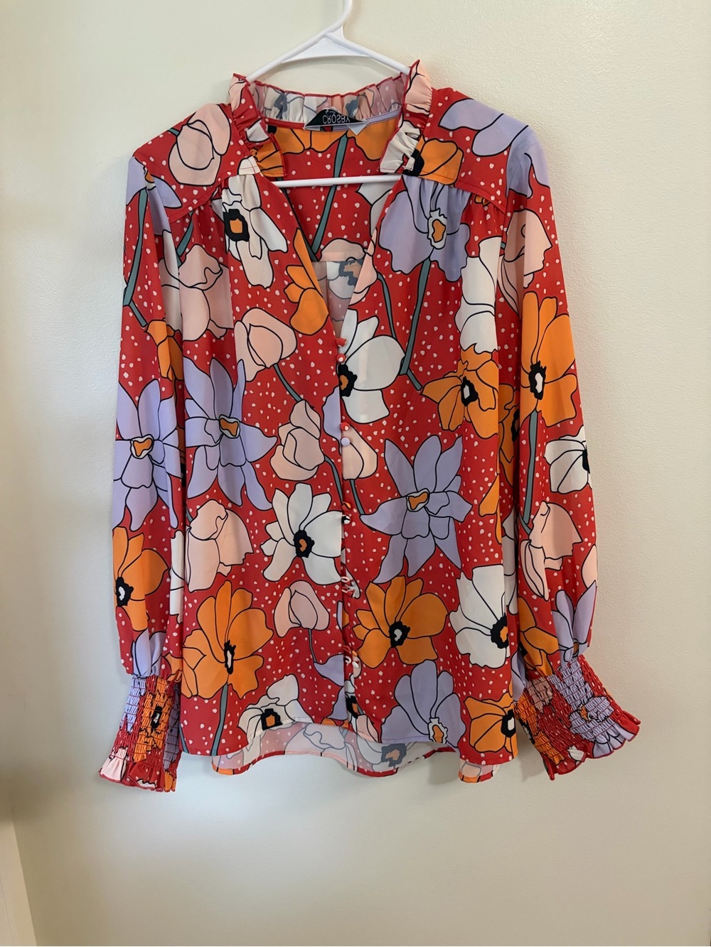Crosby by Mollie Burch Button-Front Ruffle Blouse with Lavender & Orange Blooms
